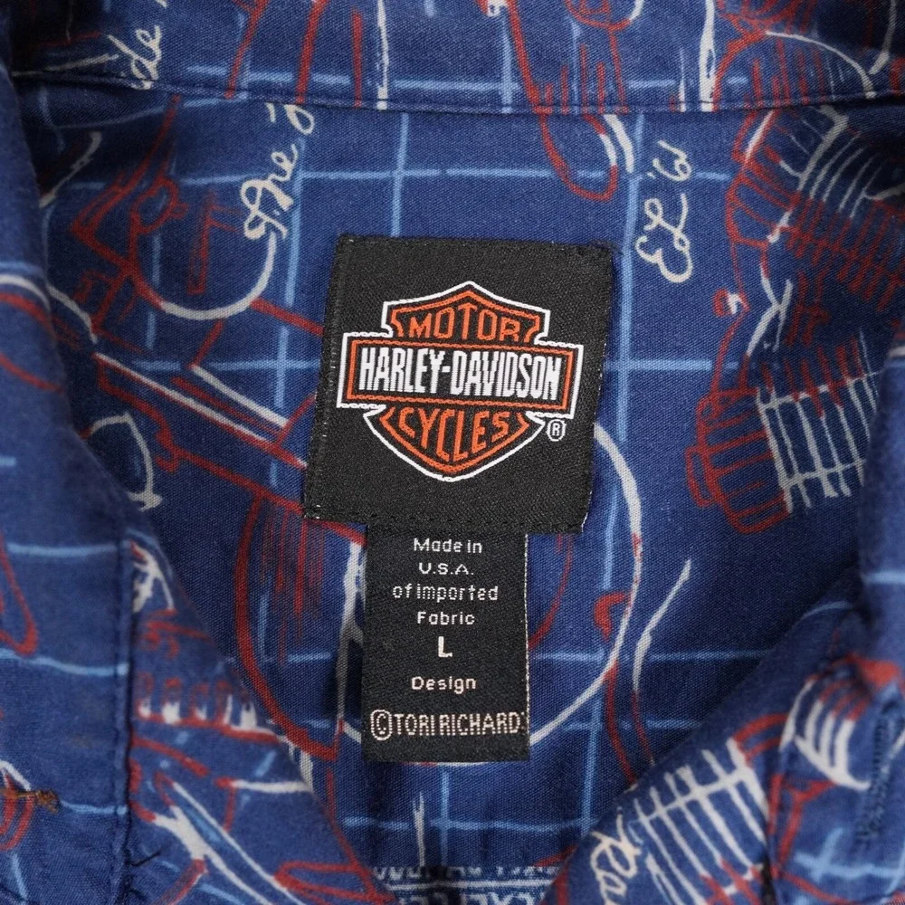 VTG Harley Davidson Tori Richard‎ Hawaiian Shirt Large USA FLH Duo-Glide 1958